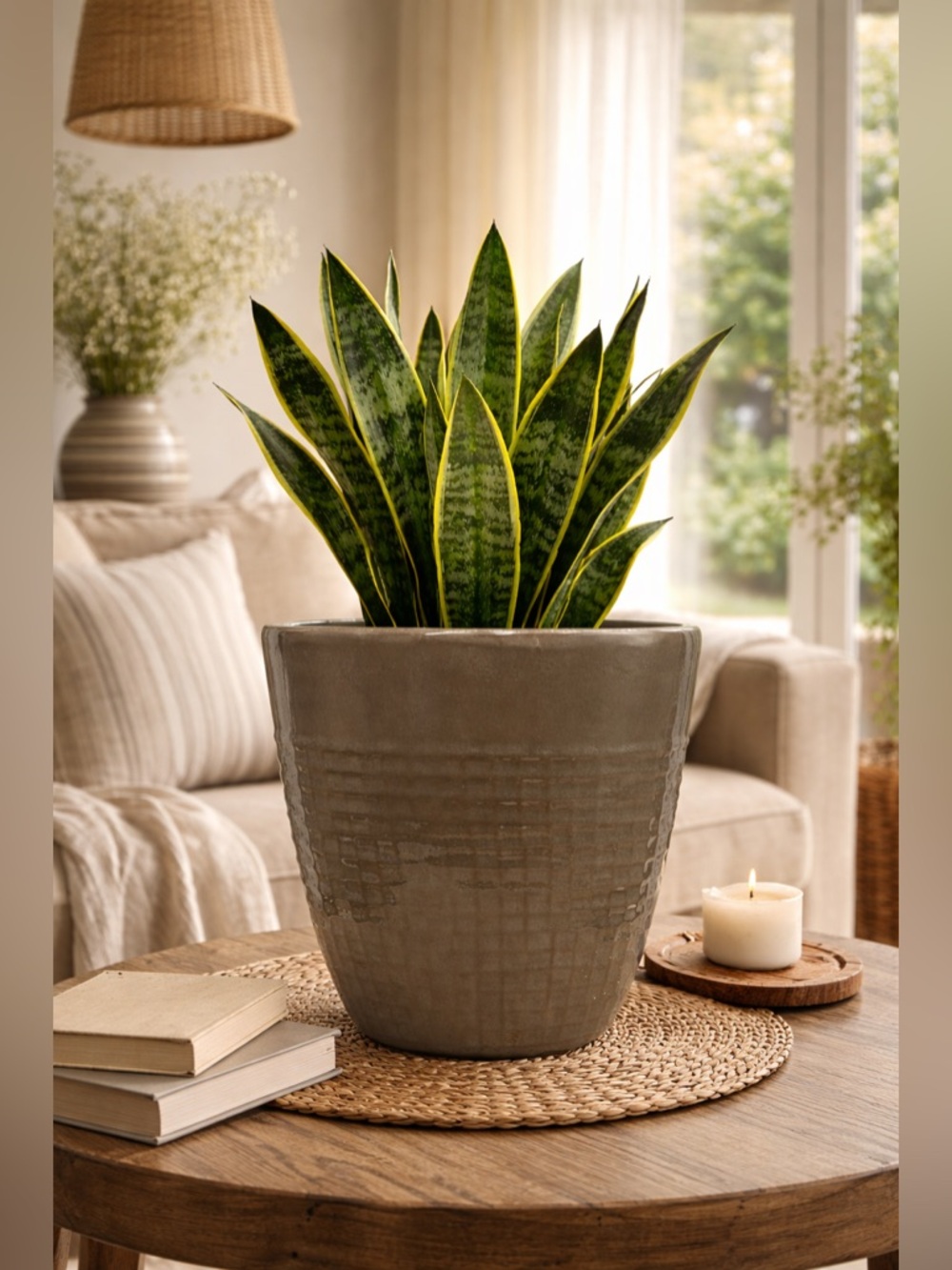 Modern Ceramic Planter with Grid Texture - 8” Glazed Taupe Flower Pot